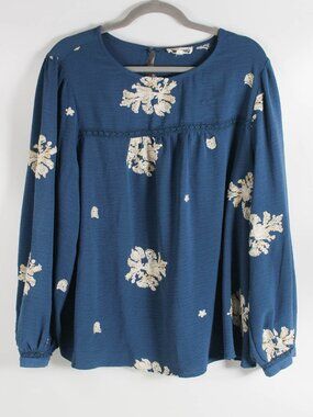 Hope Springs XL Blue Embroidered Floral Boho Peasant Blouse Long Sleeve Top
